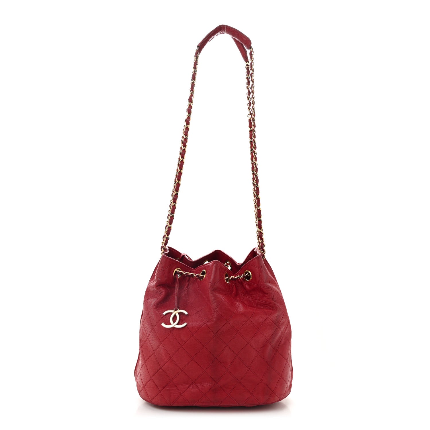 Chanel Lambskin Diamond Stitched CC Drawstring Shoulder Bag Red 1 of 12