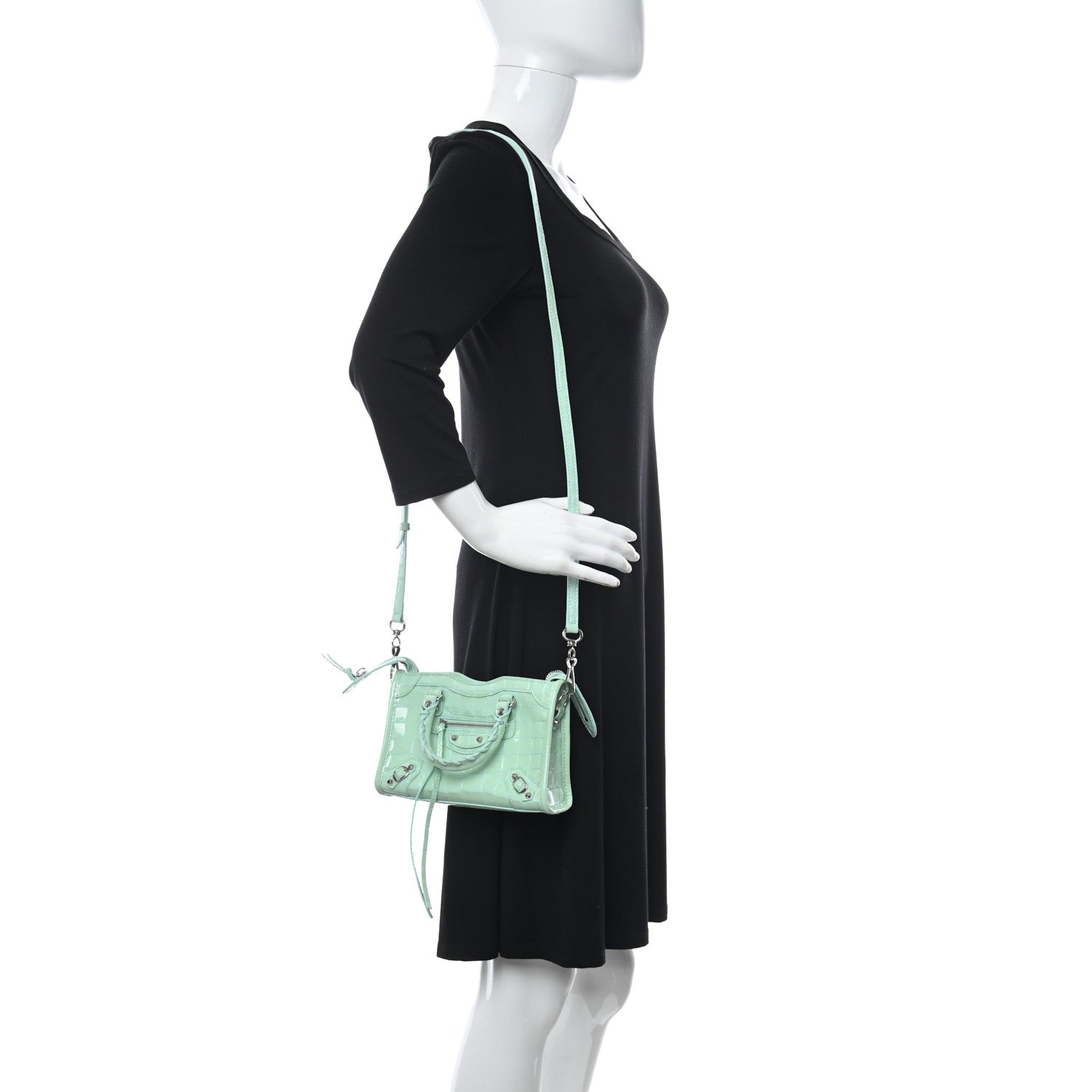 Balenciaga Patent Crocodile Embossed Classic Silver Hardware Nano City Light Green 2 of 15