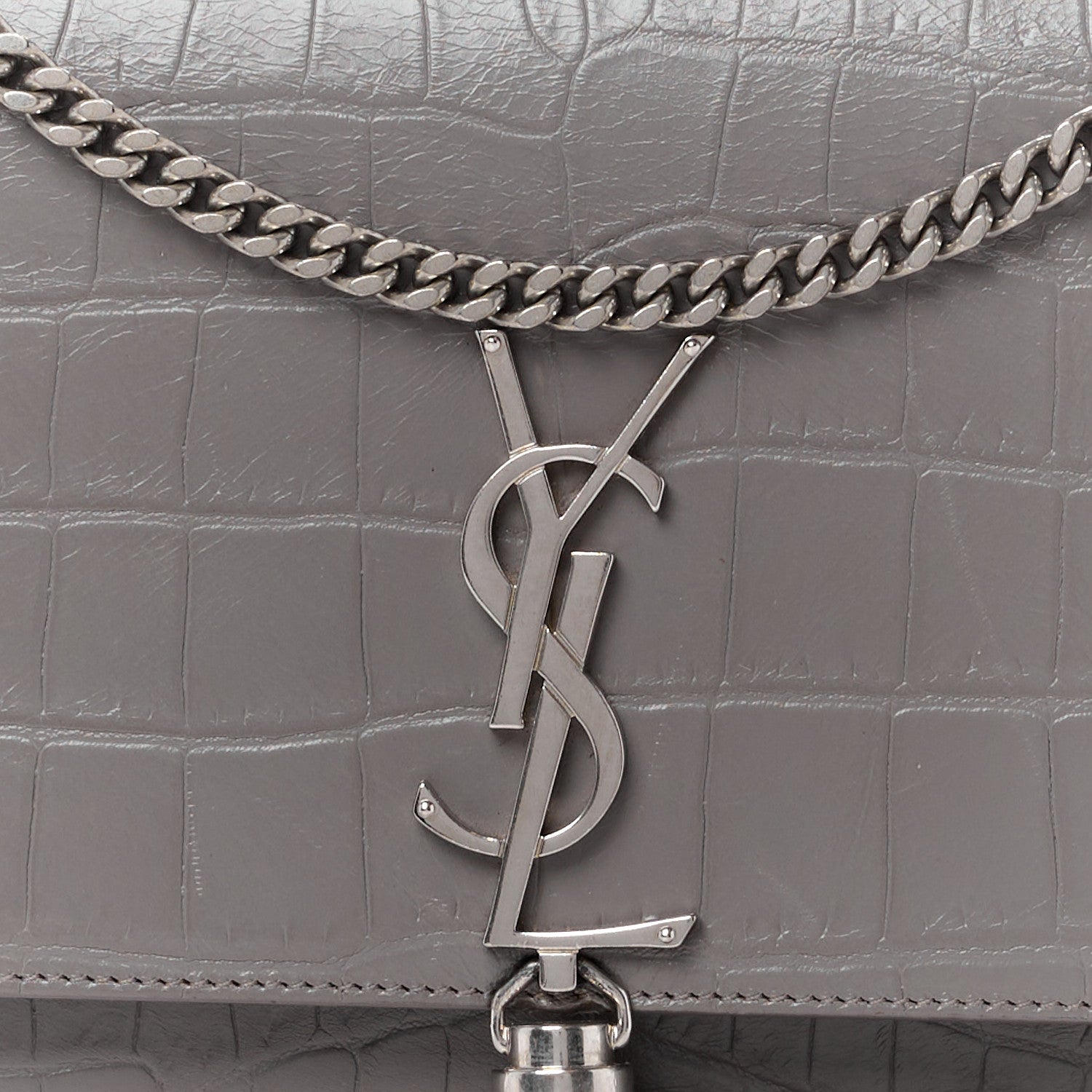 Saint Laurent SAINT LAURENT Calfskin Crocodile Embossed Medium Classic Monogram Kate Tassel Satchel Fog 9 of 13