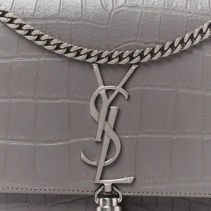 Saint Laurent SAINT LAURENT Calfskin Crocodile Embossed Medium Classic Monogram Kate Tassel Satchel Fog 9 of 13