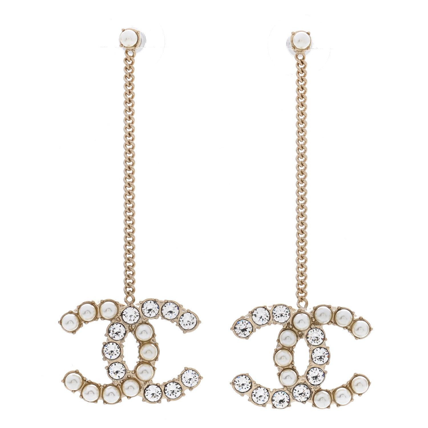 Chanel Crystal Pearl Dazzling Domino Drop Earrings Matte Gold 1 of 5