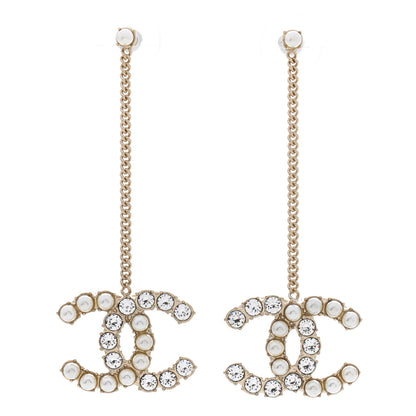 Chanel Crystal Pearl Dazzling Domino Drop Earrings Matte Gold 1 of 5