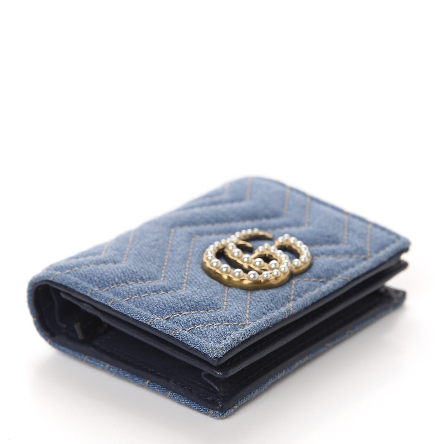 Denim Matelasse Pearly GG Marmont Card Case Wallet Blue