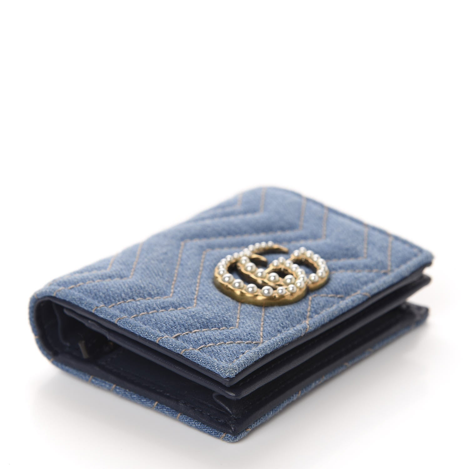 Gucci Denim Matelasse Pearly GG Marmont Card Case Wallet Blue 4 of 8