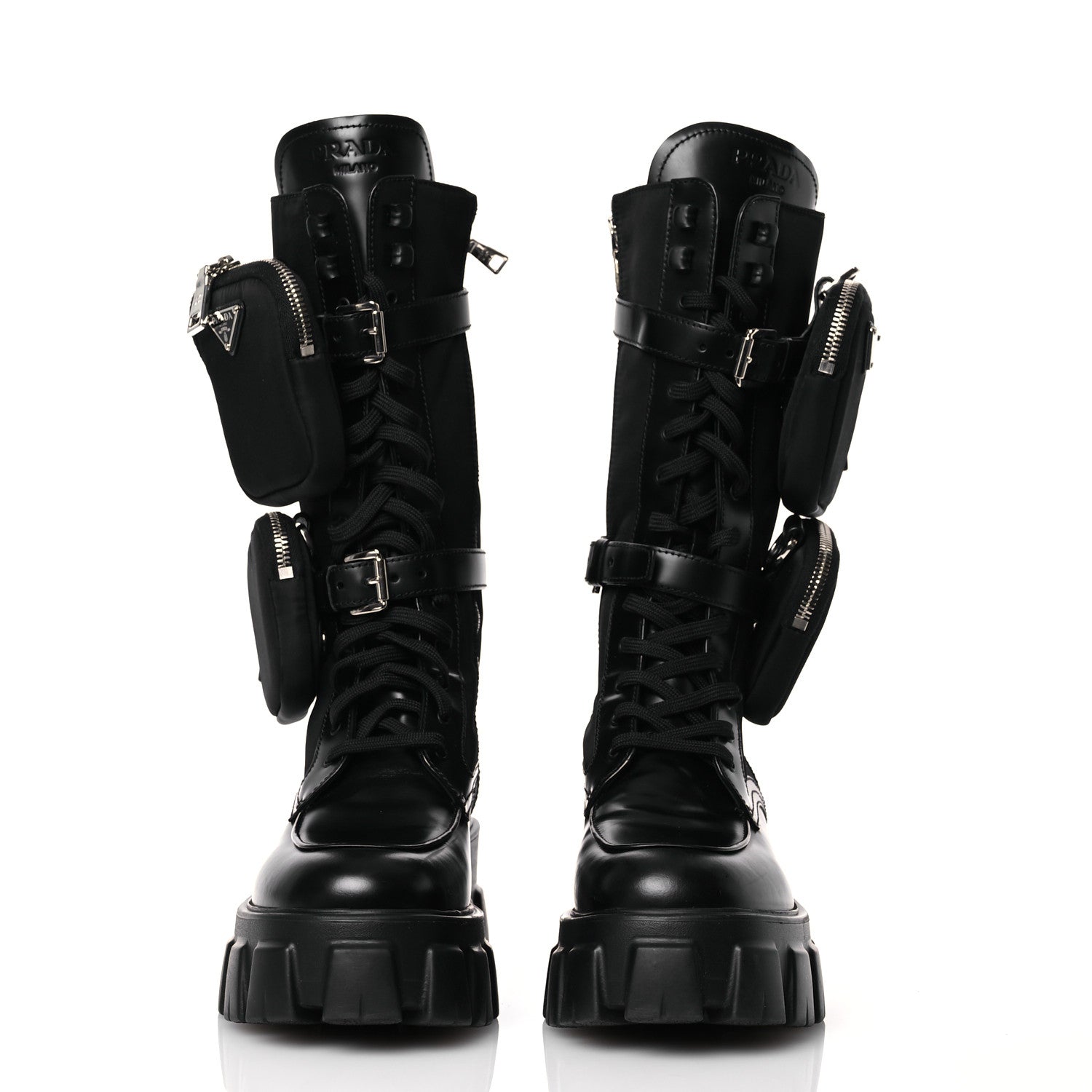 Prada Spazzolato Rois Re-Nylon Metal Triangle Logo Monolith Pouch Pocket 55mm Tall Combat Boots 39 Black 2 of 14