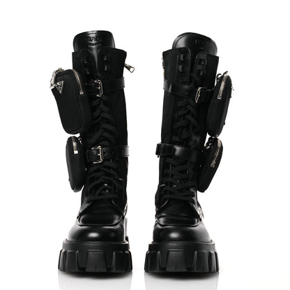 Prada Spazzolato Rois Re-Nylon Metal Triangle Logo Monolith Pouch Pocket 55mm Tall Combat Boots 39 Black 2 of 14