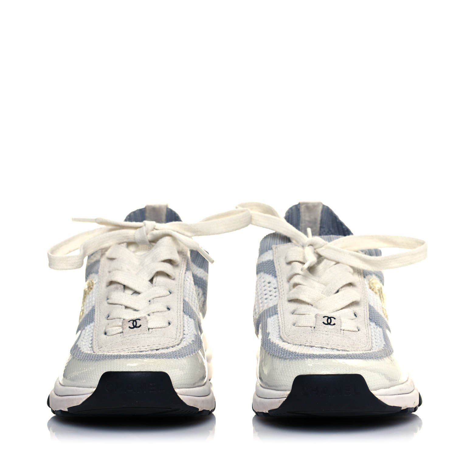 Chanel Fabric Suede Calfskin Stretch CC Sneakers 36 White Grey 2 of 9