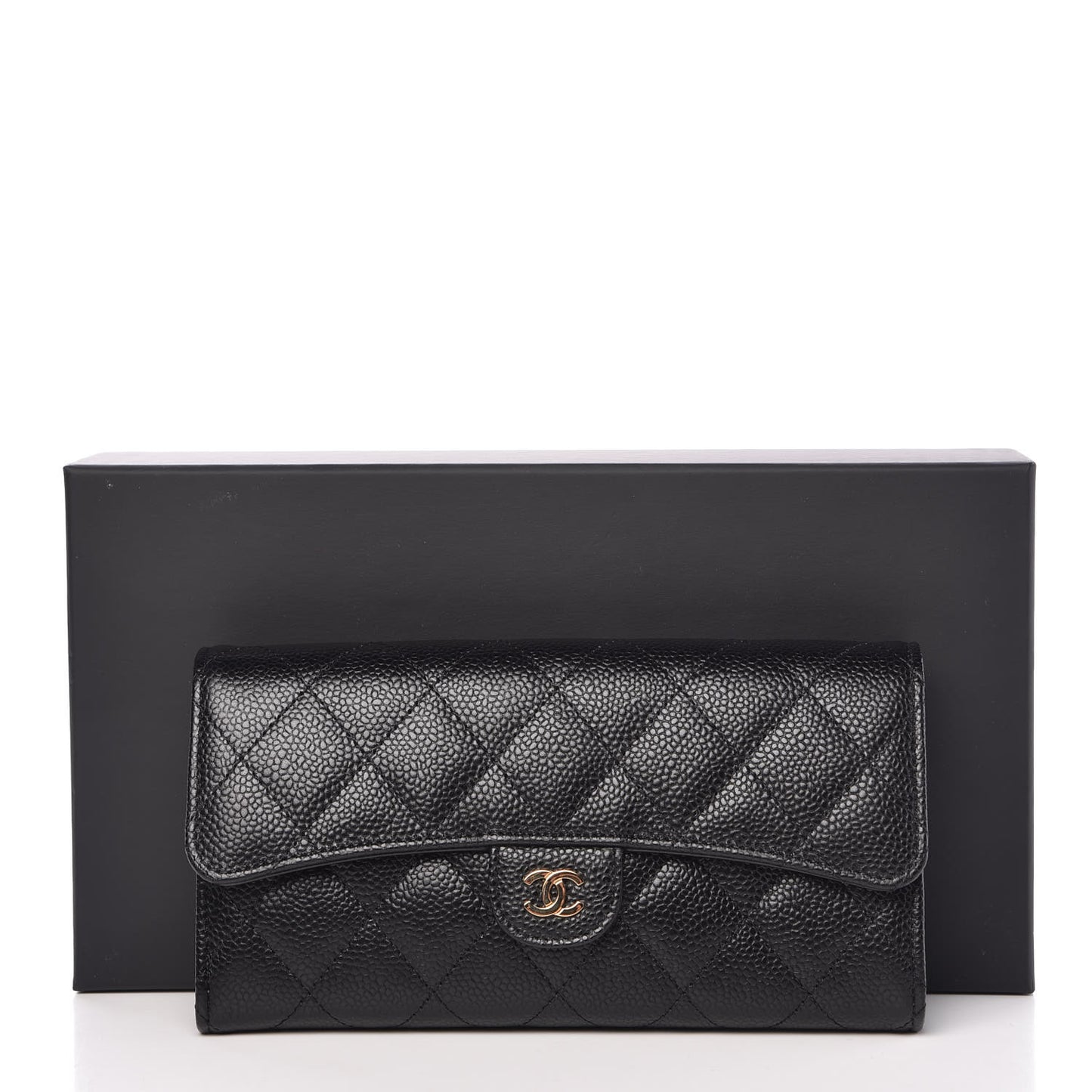Caviar Quilted Large Gusset Flap Wallet Black
