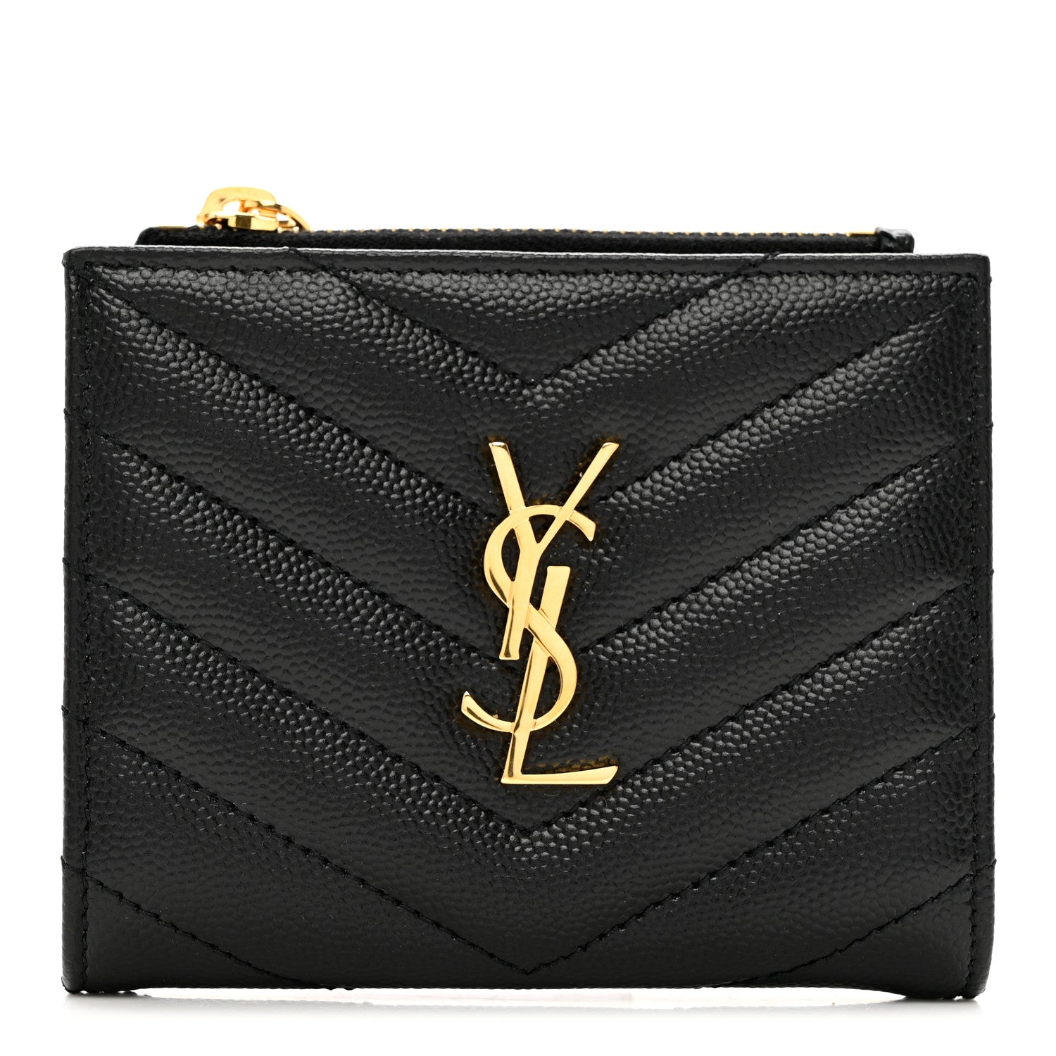 Saint Laurent Grain De Poudre Matelasse Chevron Monogram Zipped Card Case Black 1 of 7
