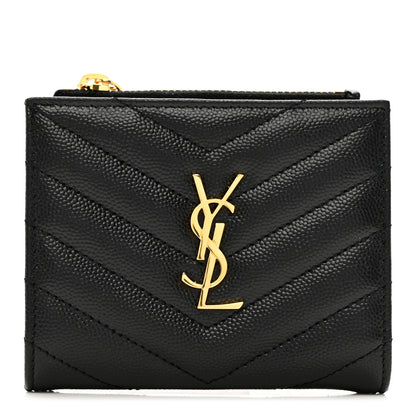 Saint Laurent Grain De Poudre Matelasse Chevron Monogram Zipped Card Case Black 1 of 7