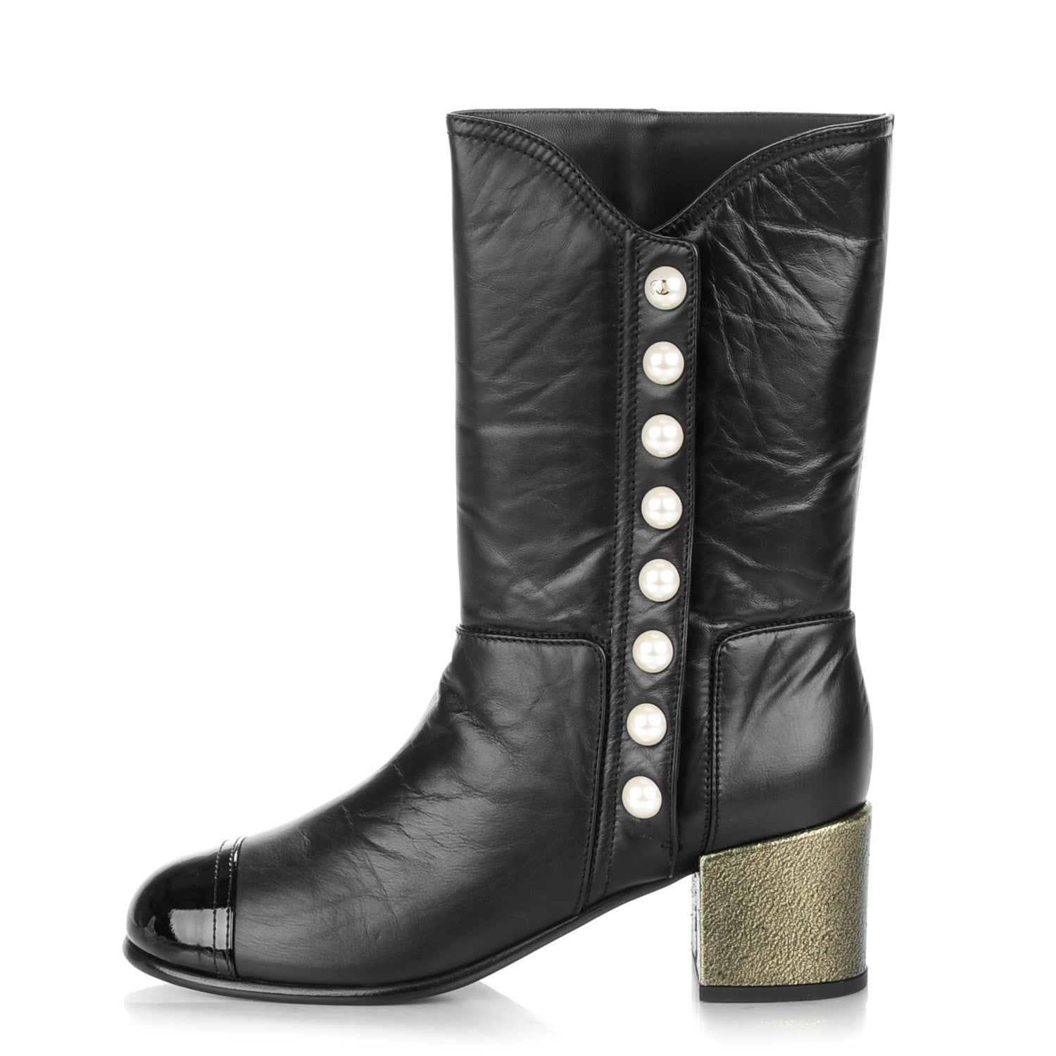Chanel Calfskin Patent Pearl Cap Toe Boots 39 Black 1 of 9