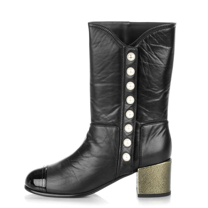 Chanel Calfskin Patent Pearl Cap Toe Boots 39 Black 1 of 9