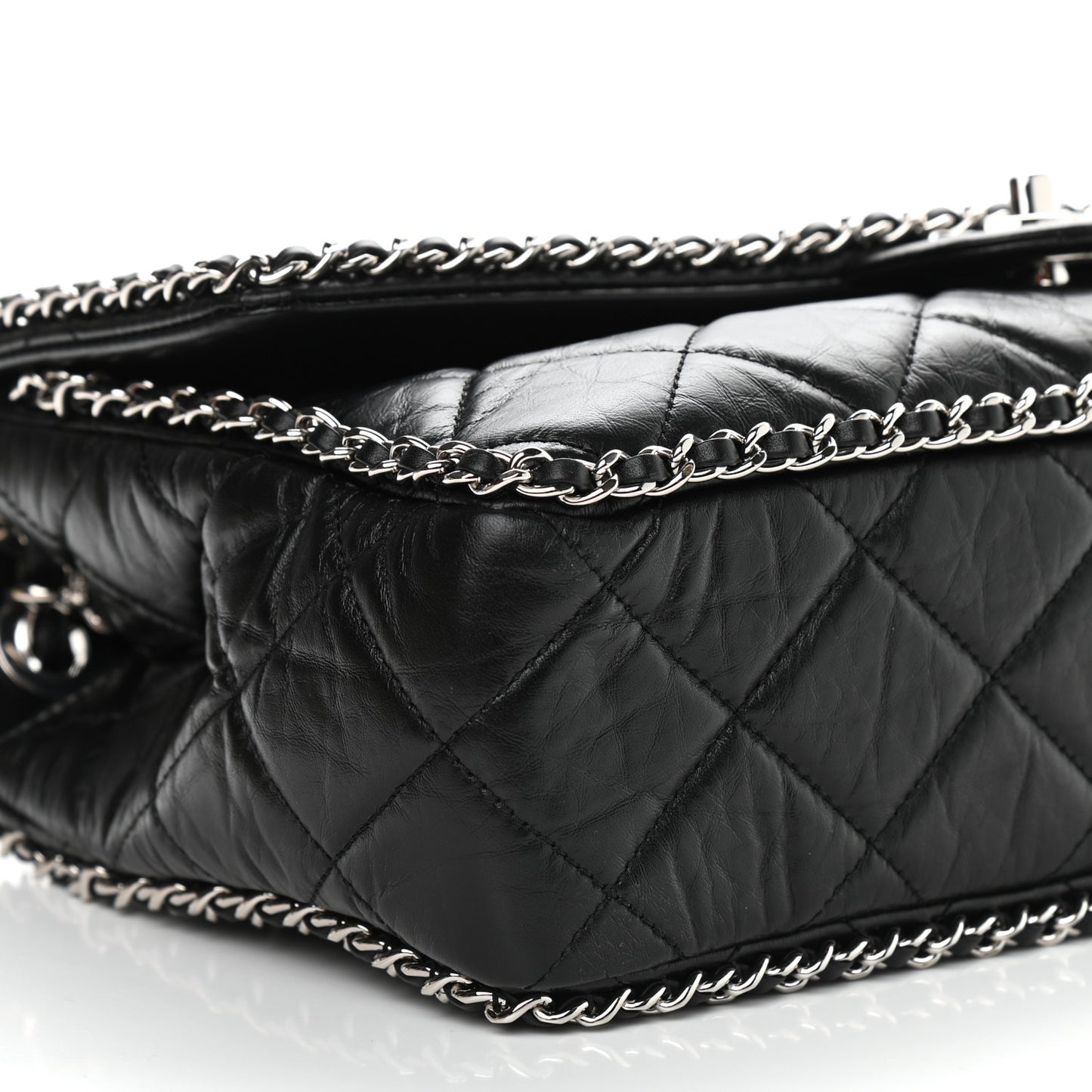 Crumpled Calfskin Quilted Large Chain All Over Flap Bag Black