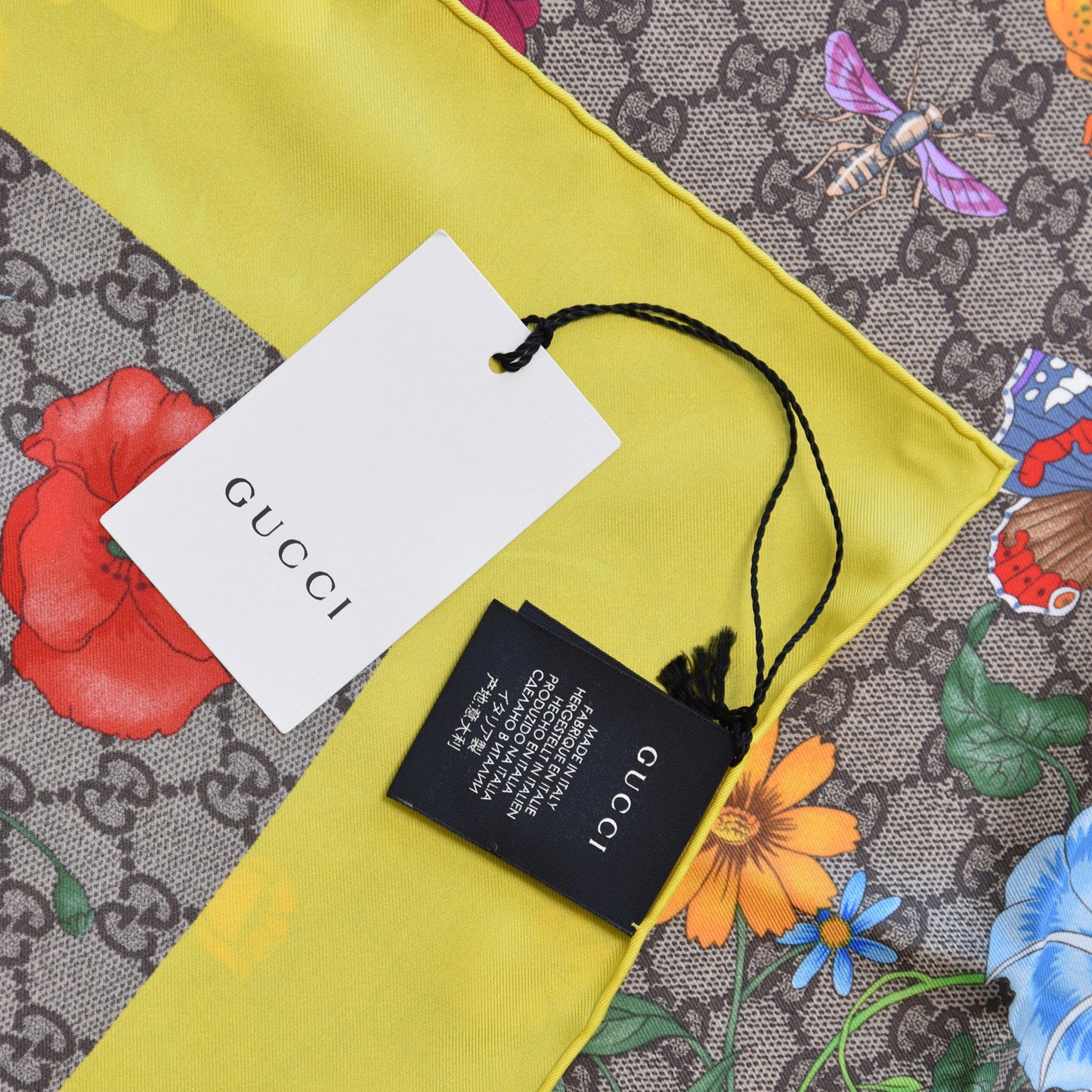 Silk Twill GG Monogram Flora Fluo GG Square Scarf Beige Yellow