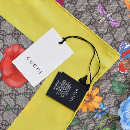 Gucci Silk Twill GG Monogram Flora Fluo GG Square Scarf Beige Yellow 4 of 5