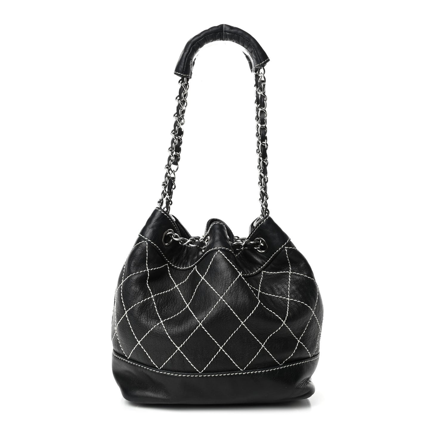 Lambskin Contrast Stitch Small Drawstring Tote Black