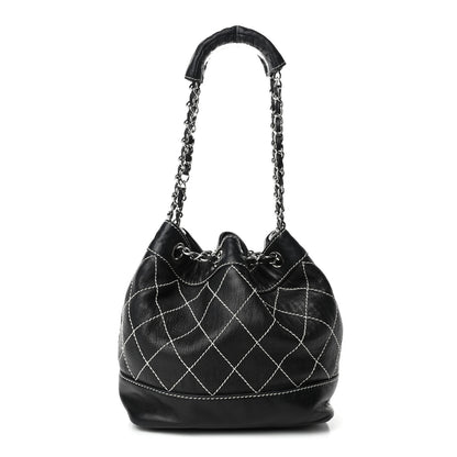 Chanel Lambskin Contrast Stitch Small Drawstring Tote Black 1 of 5