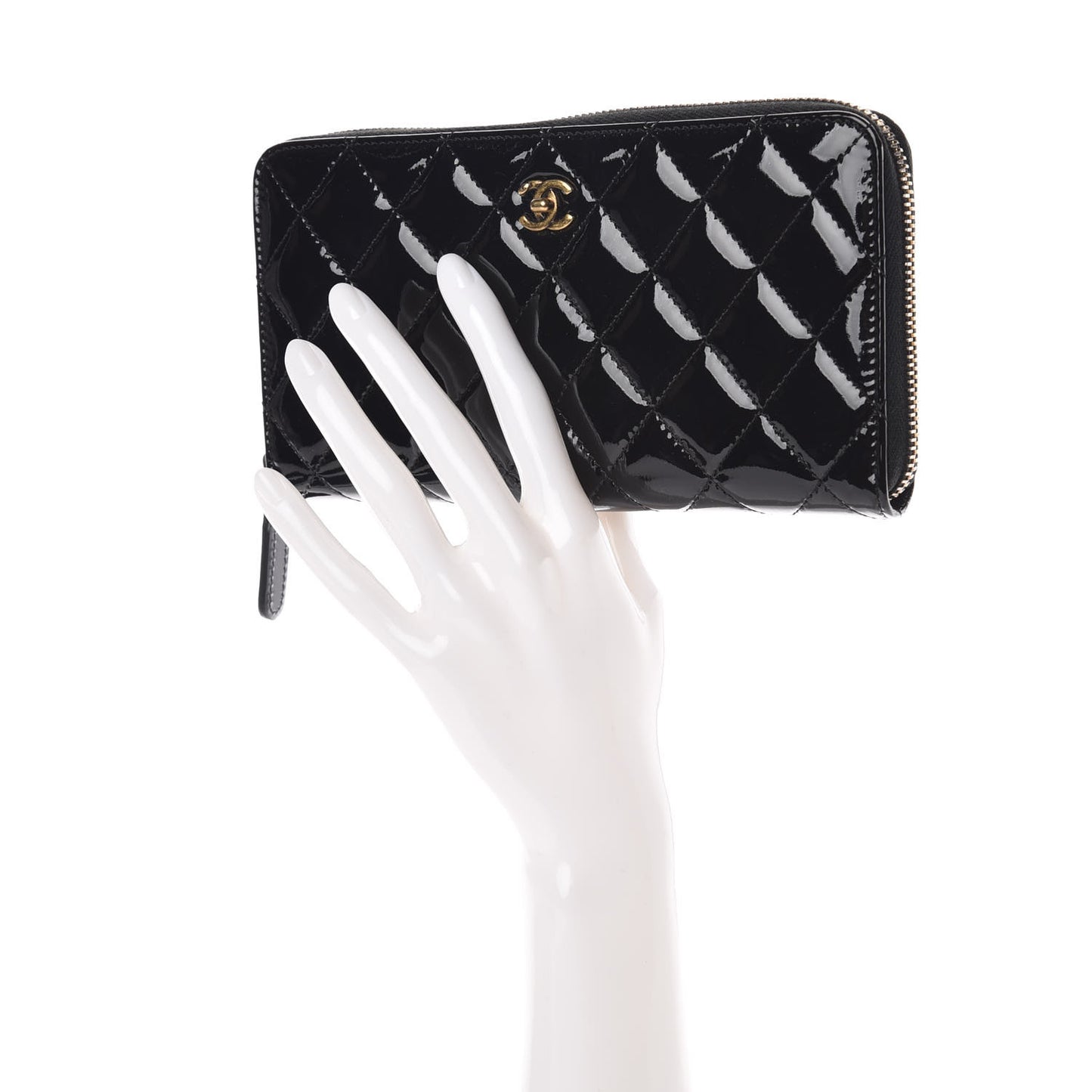 Patent Quilted Large Gusset Zip Around Wallet Black