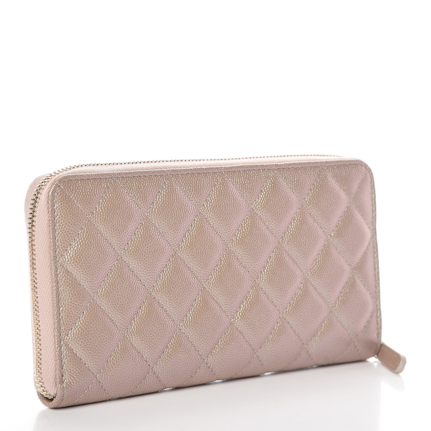 Iridescent Caviar Quilted Long Zip Around Wallet Beige
