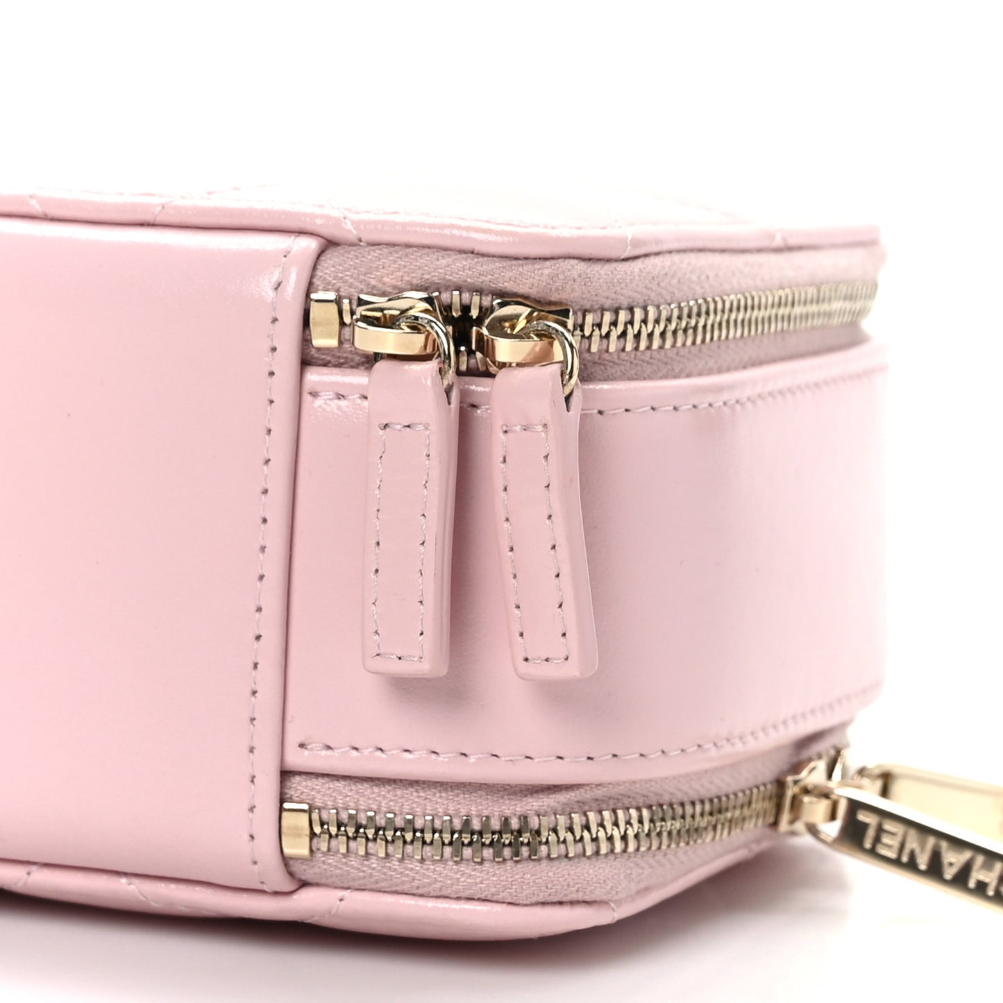 Glazed Calfskin Quilted Small Top Handle Vanity Case Light Pink