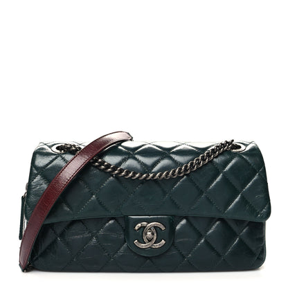 Chanel Glazed Calfskin Quilted Medium Duo Color Flap Dark Green Burgundy 1 of 11