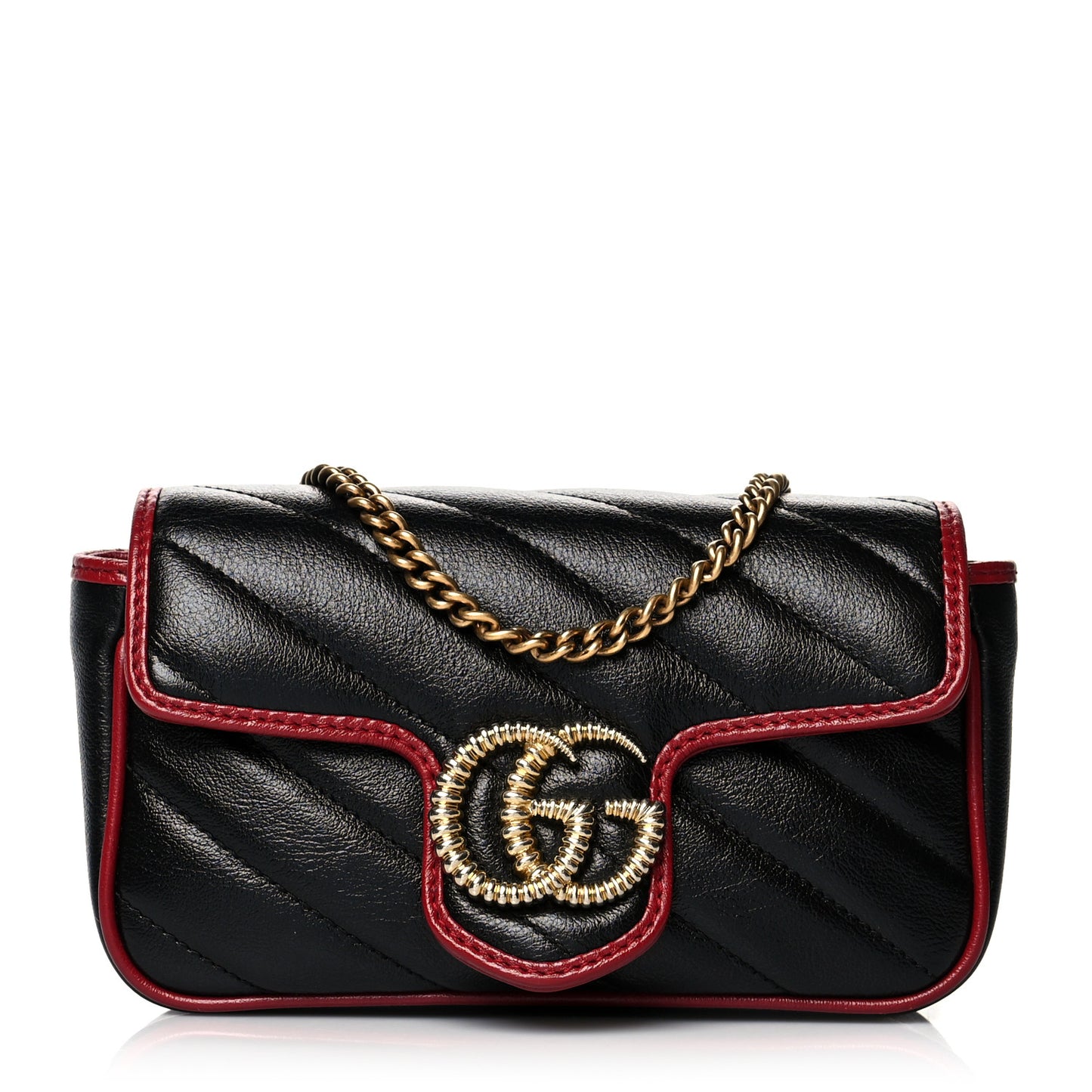 Vintage Effect Calfskin Matelasse Diagonal Super Mini Torchon GG Marmont Shoulder Bag Black Romantic Cherry