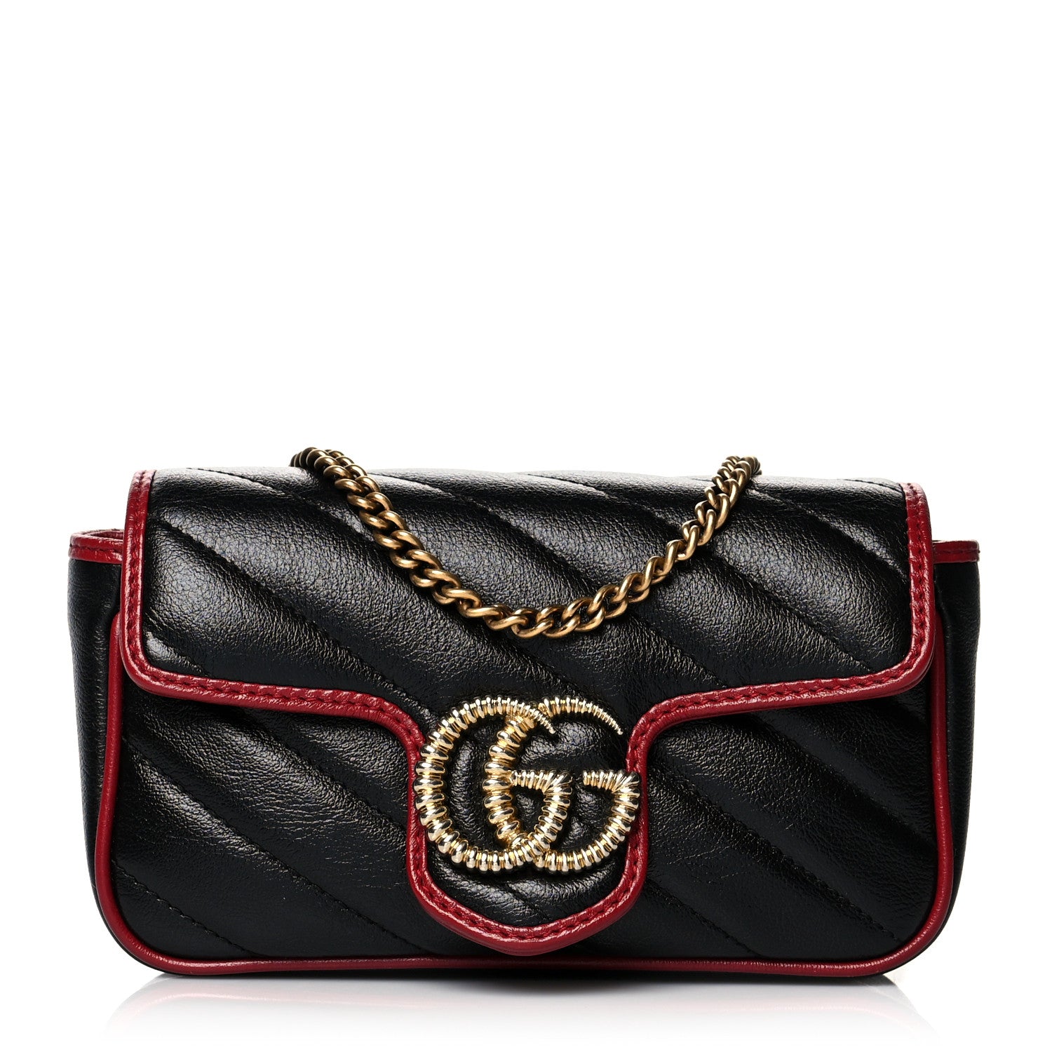 Gucci Vintage Effect Calfskin Matelasse Diagonal Super Mini Torchon GG Marmont Shoulder Bag Black Romantic Cherry 1 of 10