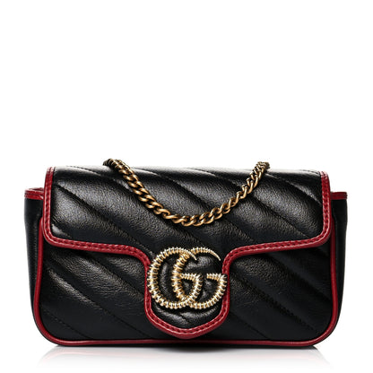 Gucci Vintage Effect Calfskin Matelasse Diagonal Super Mini Torchon GG Marmont Shoulder Bag Black Romantic Cherry 1 of 10