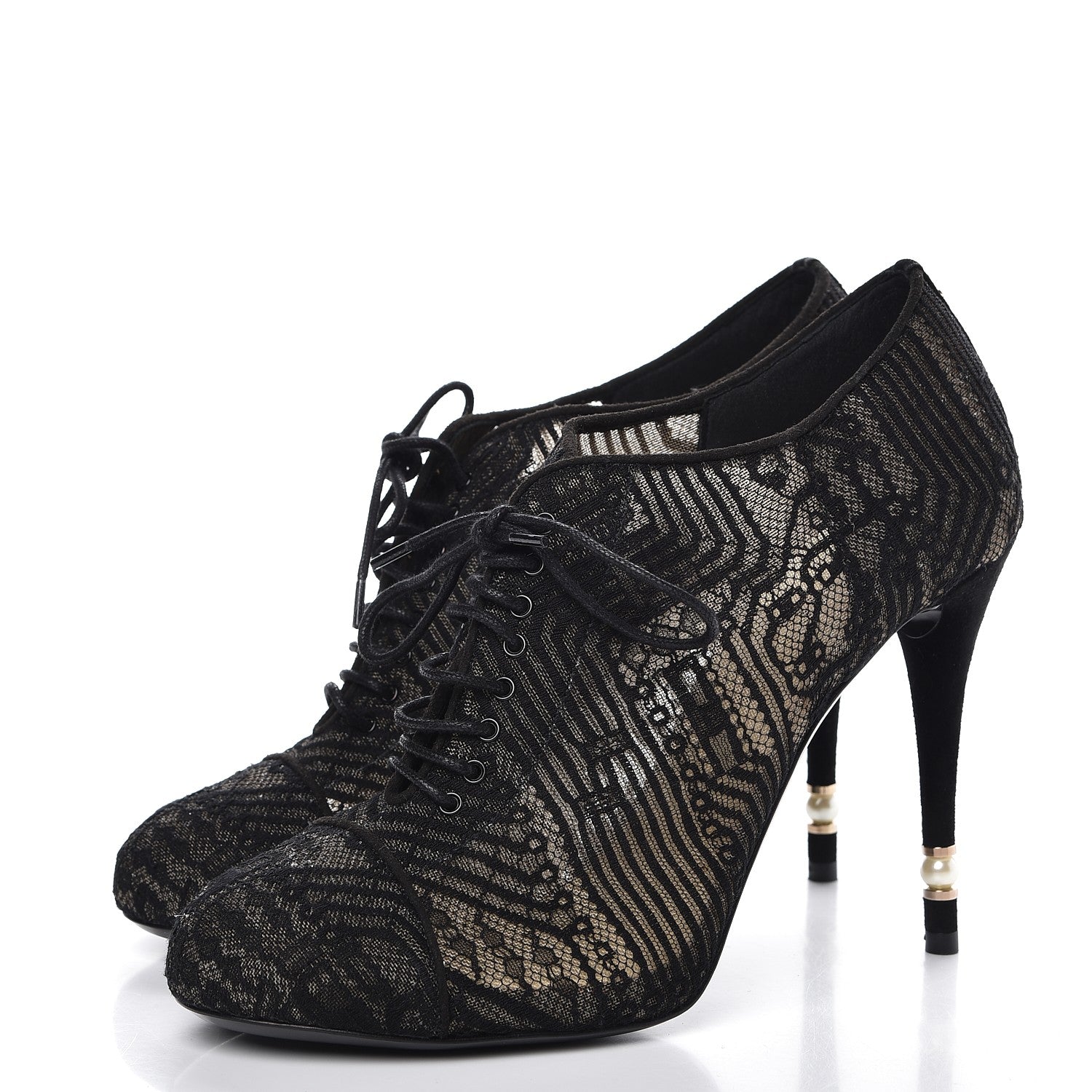 Chanel Lace Mesh Kid Suede Pearl Lace Up Booties 40 Black 3 of 10