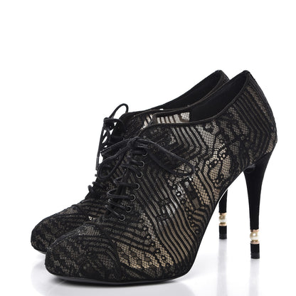 Chanel Lace Mesh Kid Suede Pearl Lace Up Booties 40 Black 3 of 10