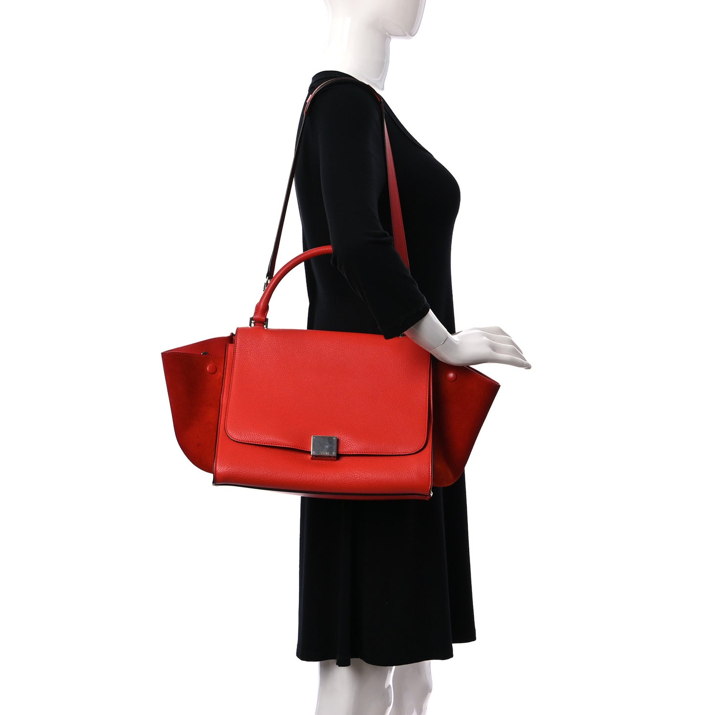 Drummed Calfskin Suede Medium Trapeze Vermillion