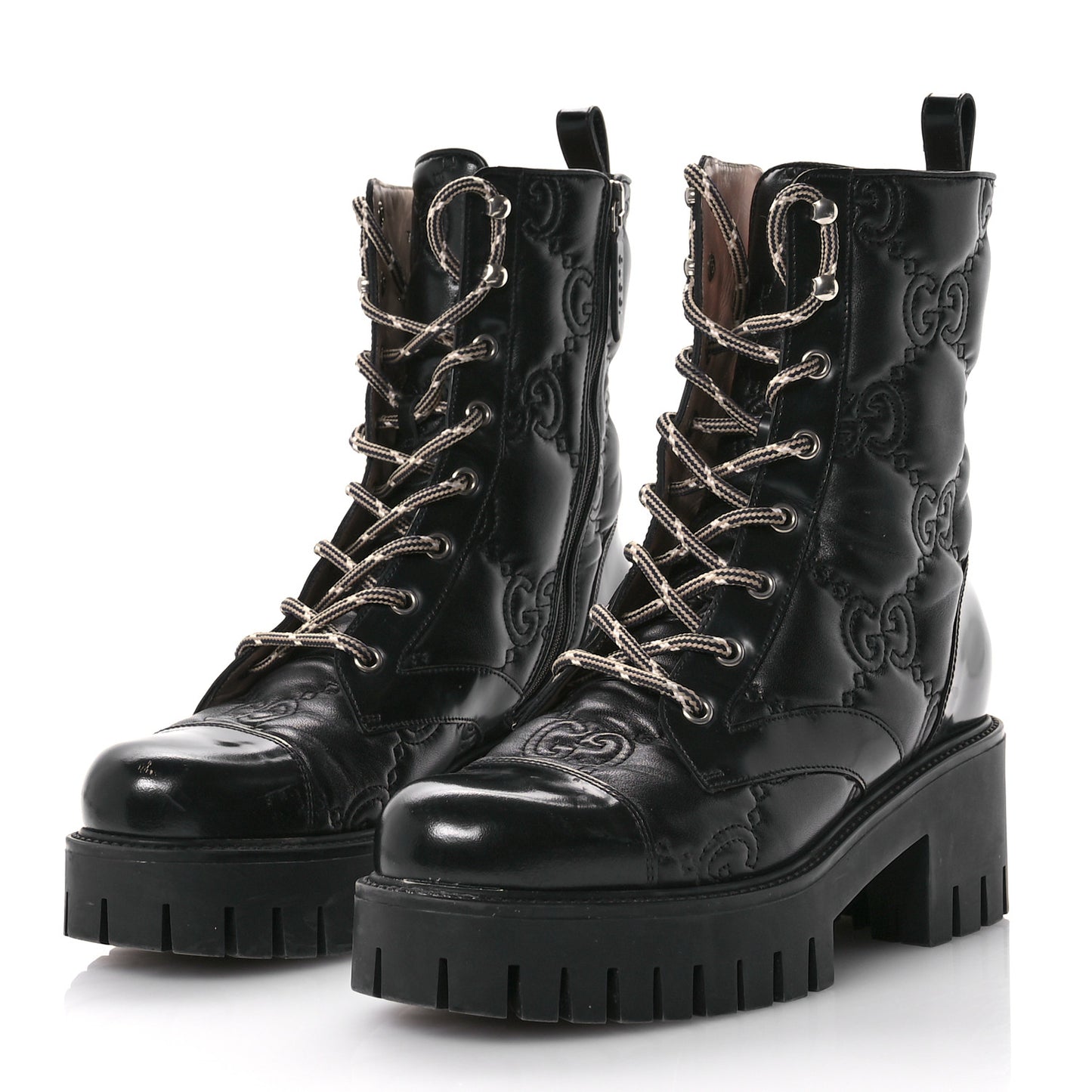 Cordovan Lux Nappa GG Matelasse Lace Up 60mm Combat Boots 38.5 Black