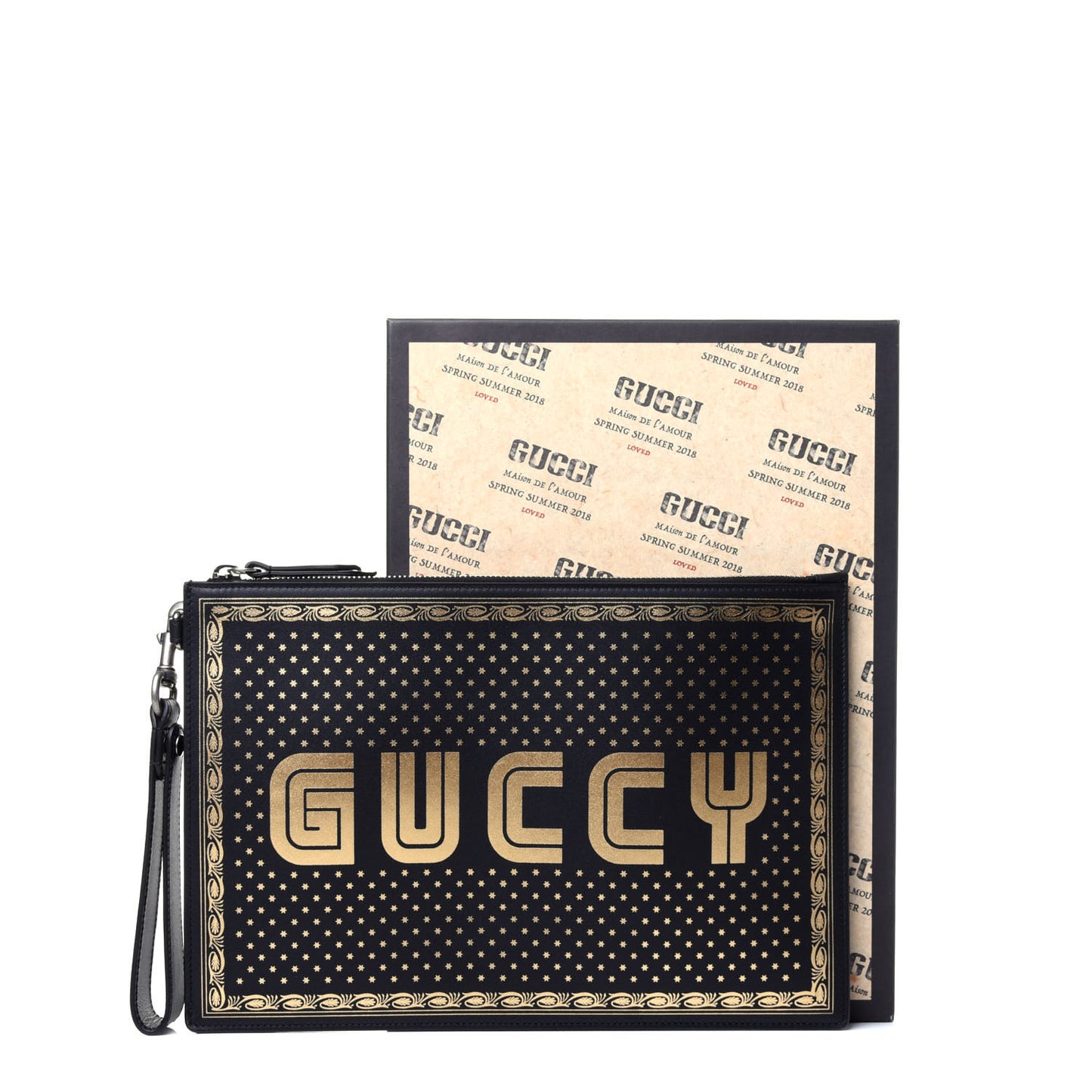 X SEGA Calfskin GUCCY Stars Zip Wristlet Pouch Black Gold