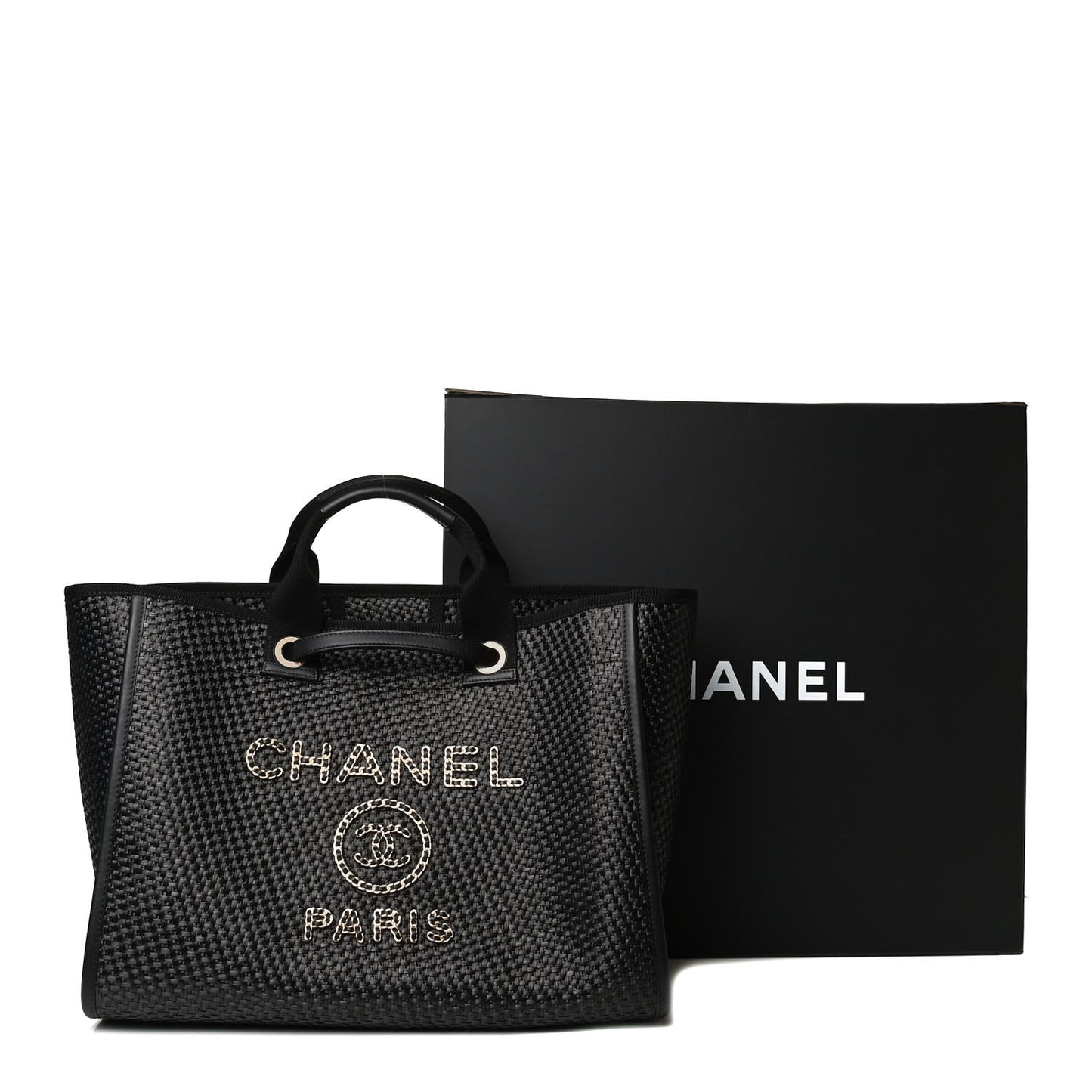 Straw Raffia Calfskin Chain Medium Deauville Tote Black