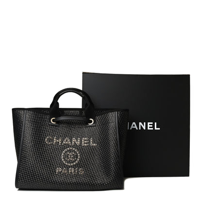 Chanel Straw Raffia Calfskin Chain Medium Deauville Tote Black 15 of 15
