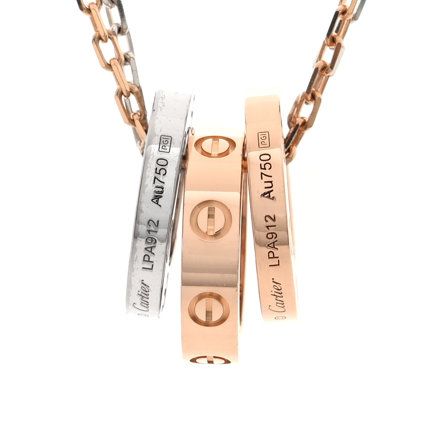 18K White Pink Gold Diamond Three Ring LOVE Pendant Necklace