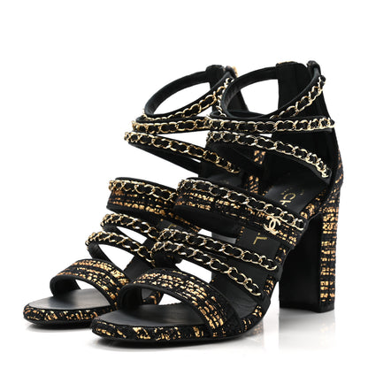 Chanel Metallic Tweed Gladiator Chain Sandals 38.5 Black Gold 3 of 9