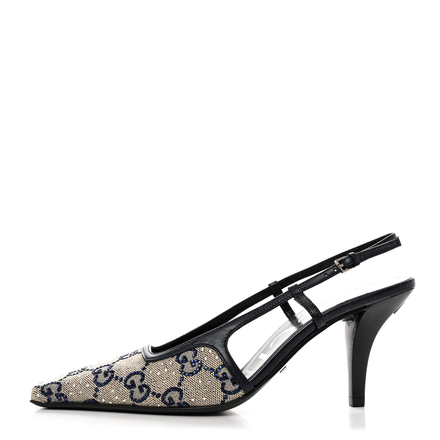 GG Monogram Malaga Kid Crystal Square G 75mm Slingback Pumps 35.5 Beige Blue