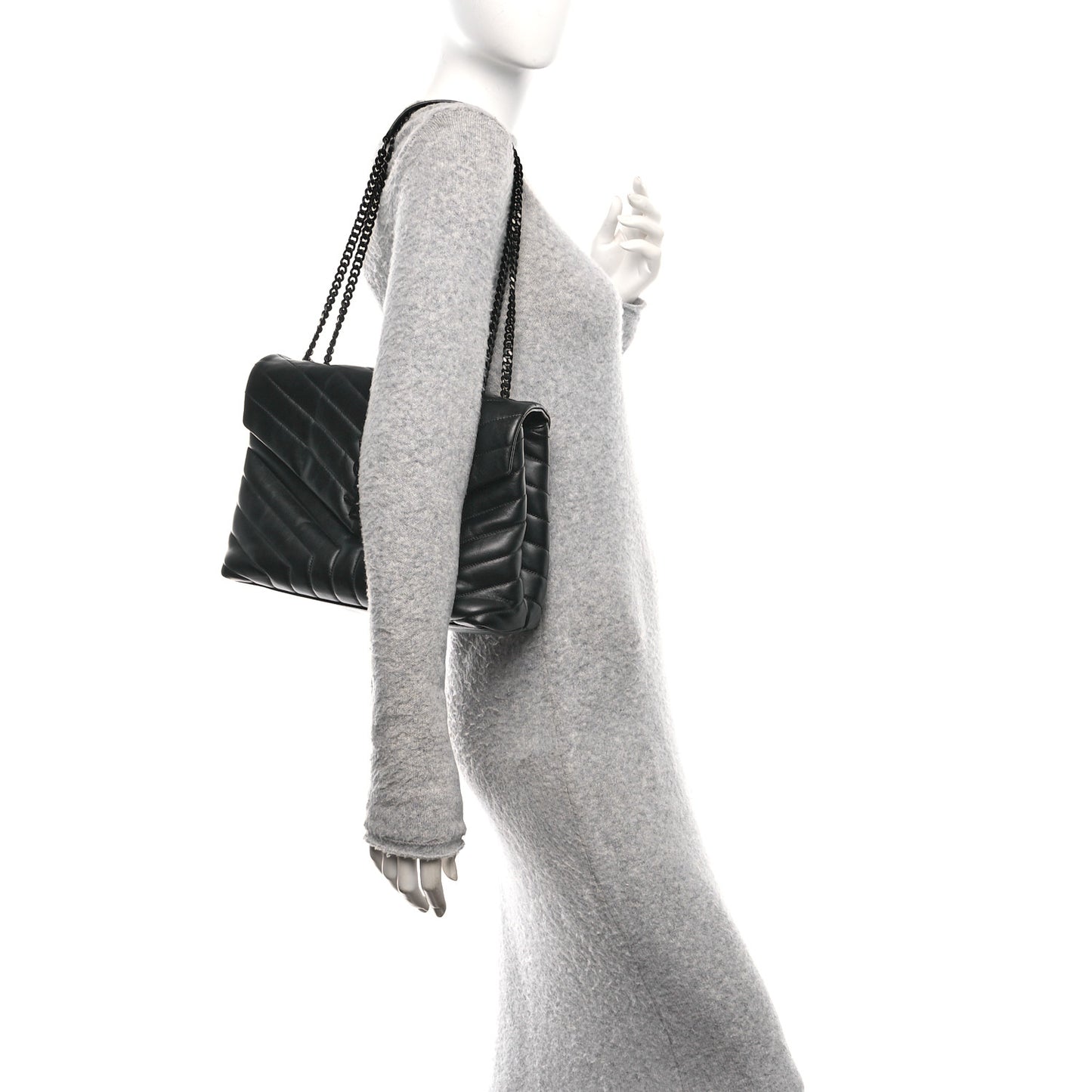 Calfskin Y Quilted Monogram Monochrome Medium Loulou Chain Satchel Black Black