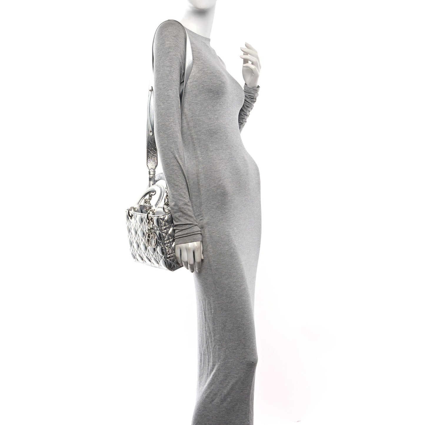 Metallic Grained Calfskin Cannage Small Lucky Badges My Lady Dior Silver
