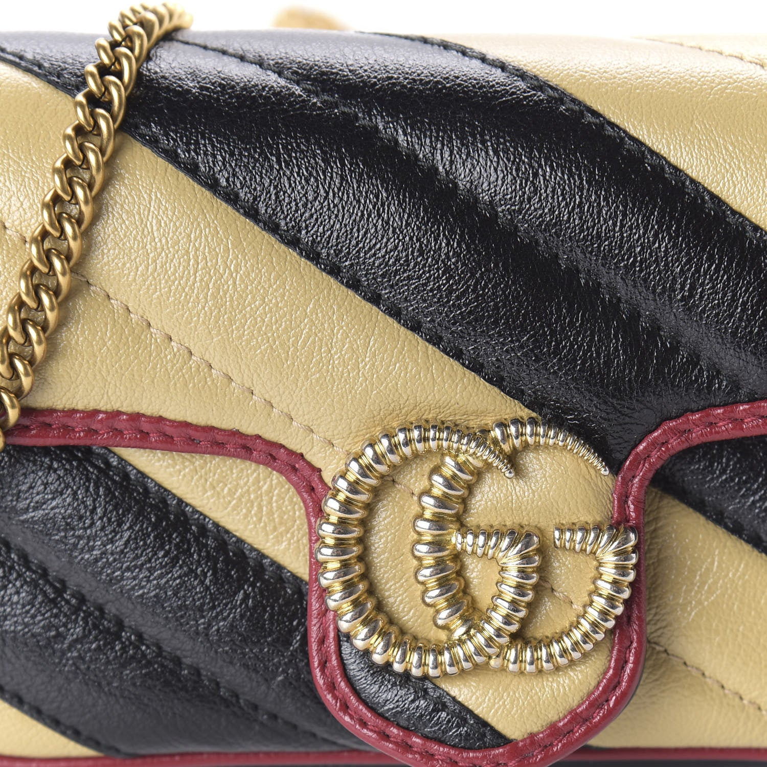 Gucci Vintage Effect Calfskin Matelasse Diagonal Striped Super Mini Torchon GG Marmont Shoulder Bag Black Beige 10 of 10