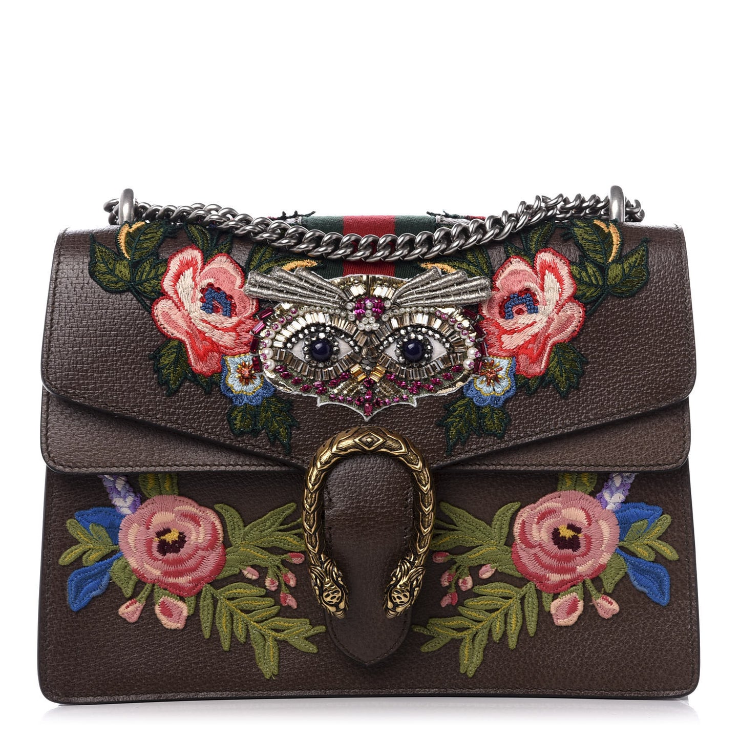 Calfskin Web Owl Embroidered Medium Dionysus Shoulder Bag New Acero Multicolor