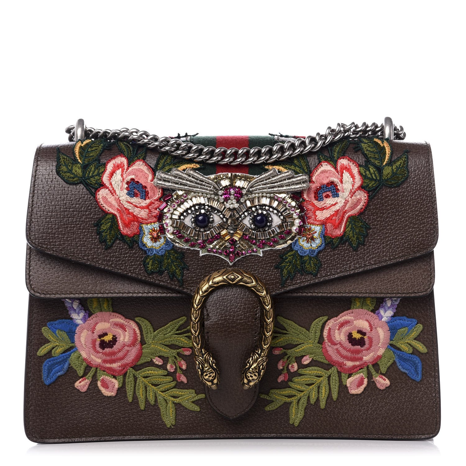 Gucci Calfskin Web Owl Embroidered Medium Dionysus Shoulder Bag New Acero Multicolor 1 of 9