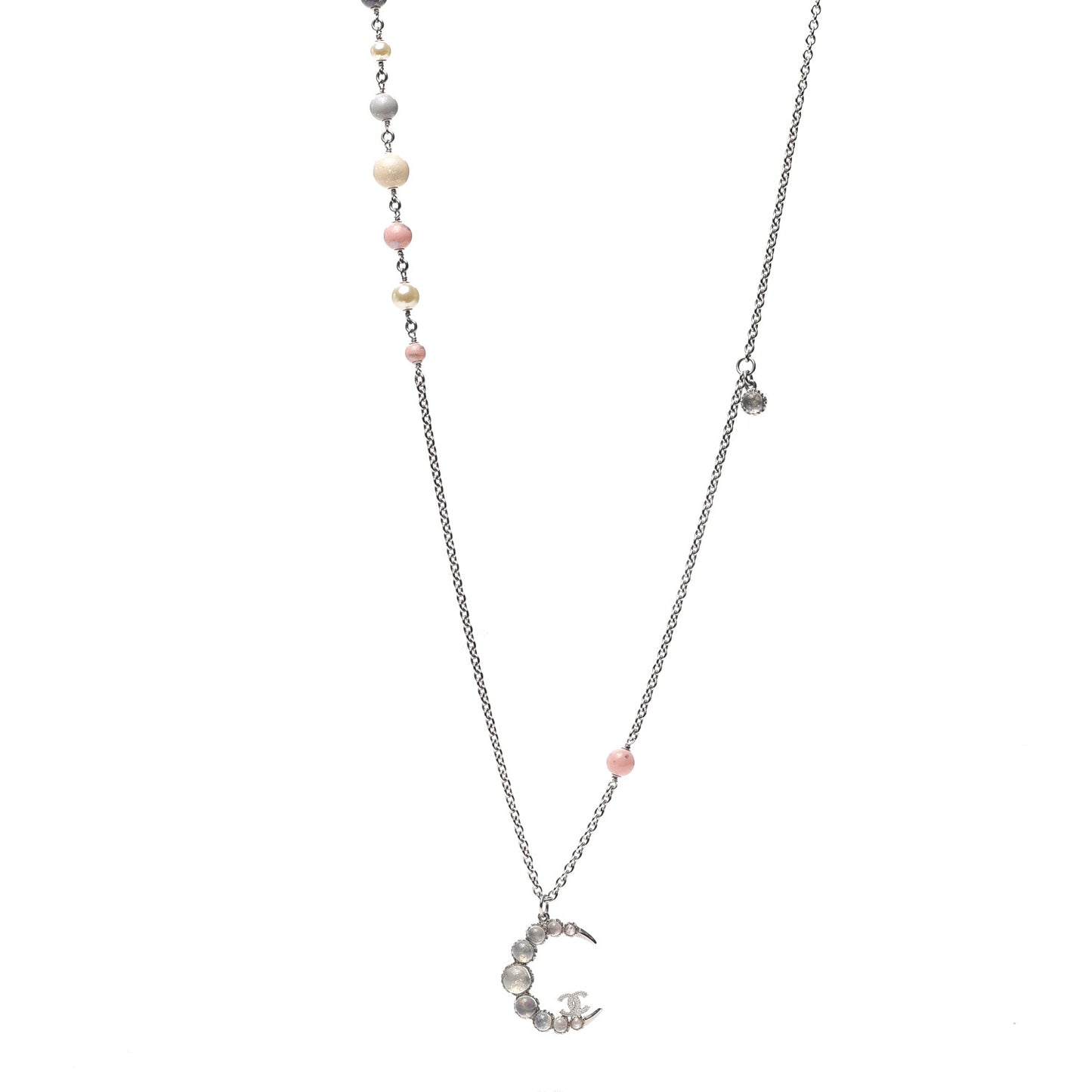 Beaded Moonstone CC Crescent Necklace Pink Silver Multicolor