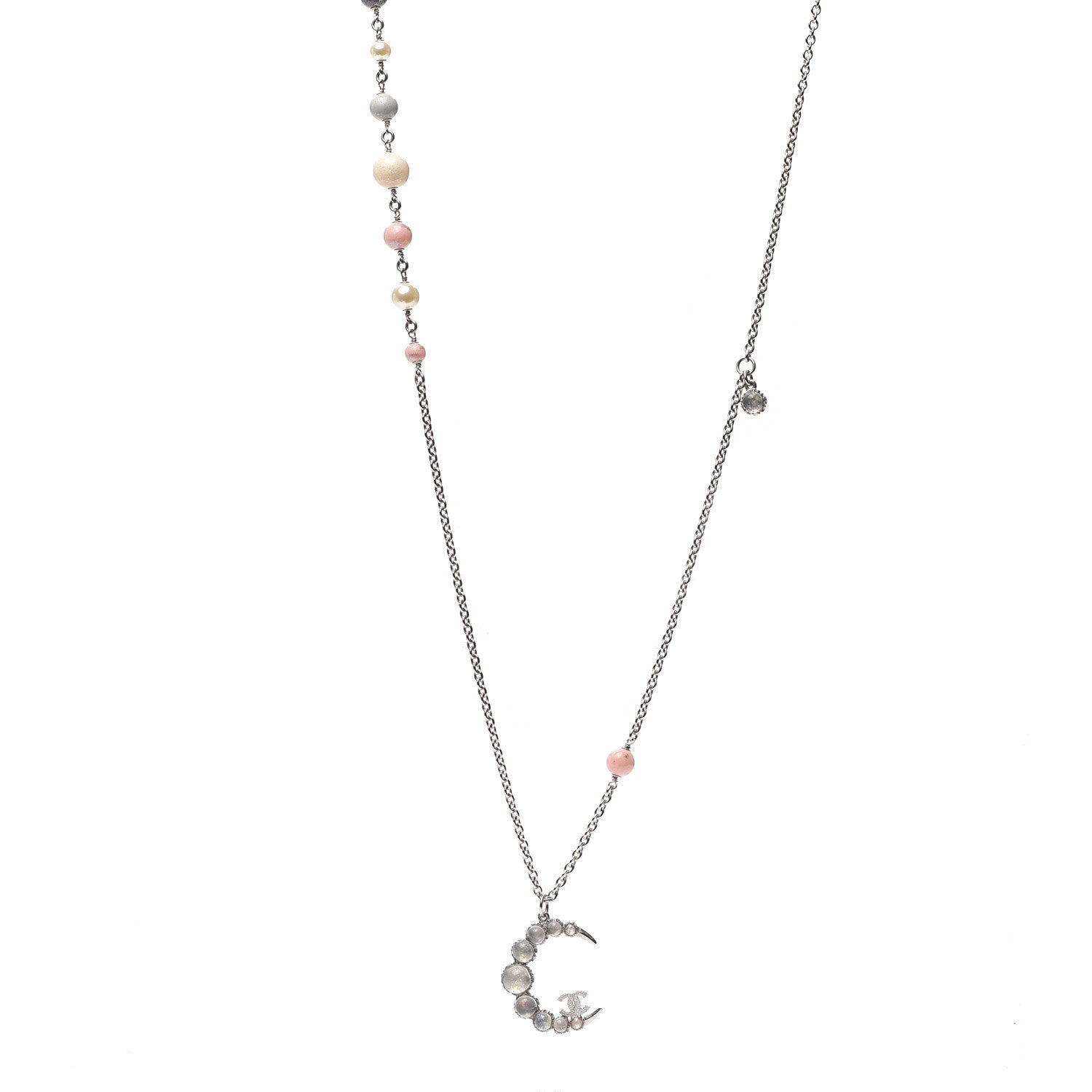 Chanel Beaded Moonstone CC Crescent Necklace Pink Silver Multicolor 1 of 4