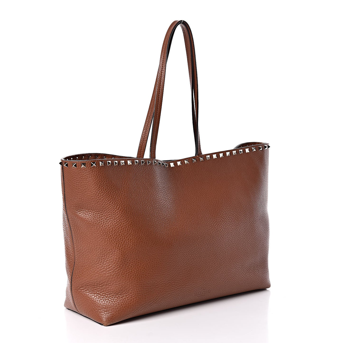 Grained Calfskin Rockstud Shoulder Tote Bright Cognac