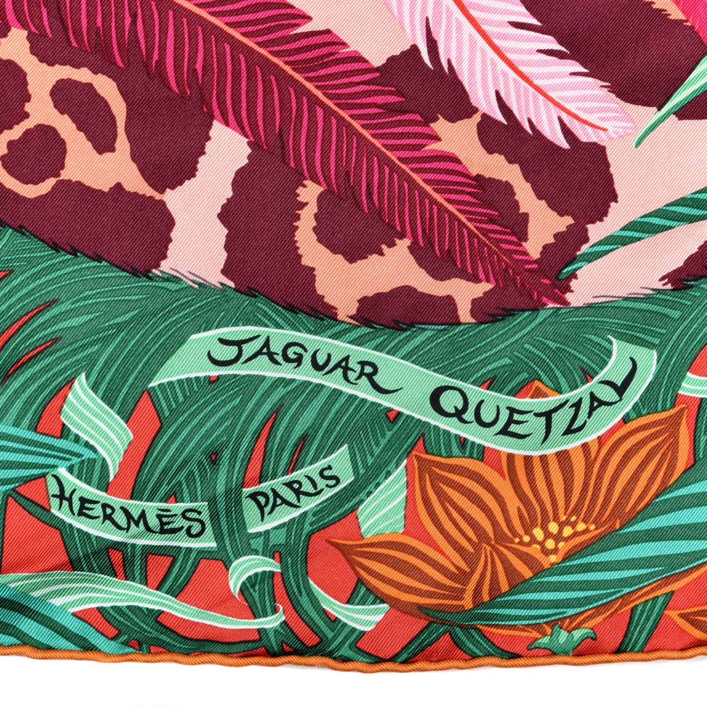 Silk Jaguar Quetzal Scarf 90 Fuchsia Vert Bordeaux