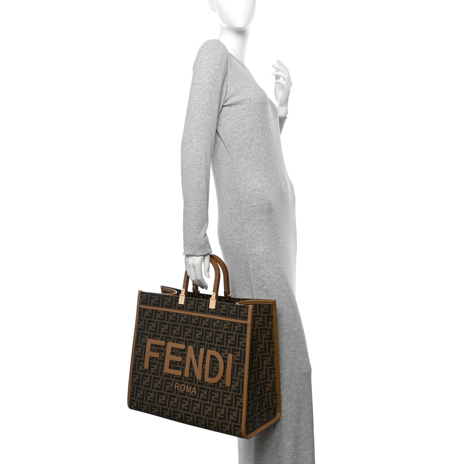 Fendi Fabric Jacquard FF 1974 Logo Large Fendi Sunshine Shopper Tote Tobacco Moro Sand 3 of 10