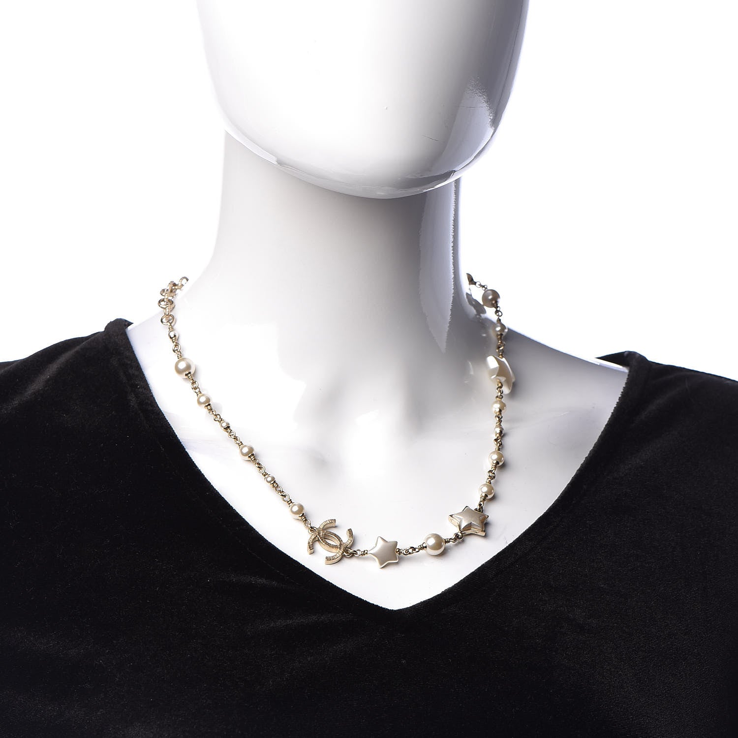 Chanel Metal Resin Pearl Star CC Necklace Gold 2 of 4