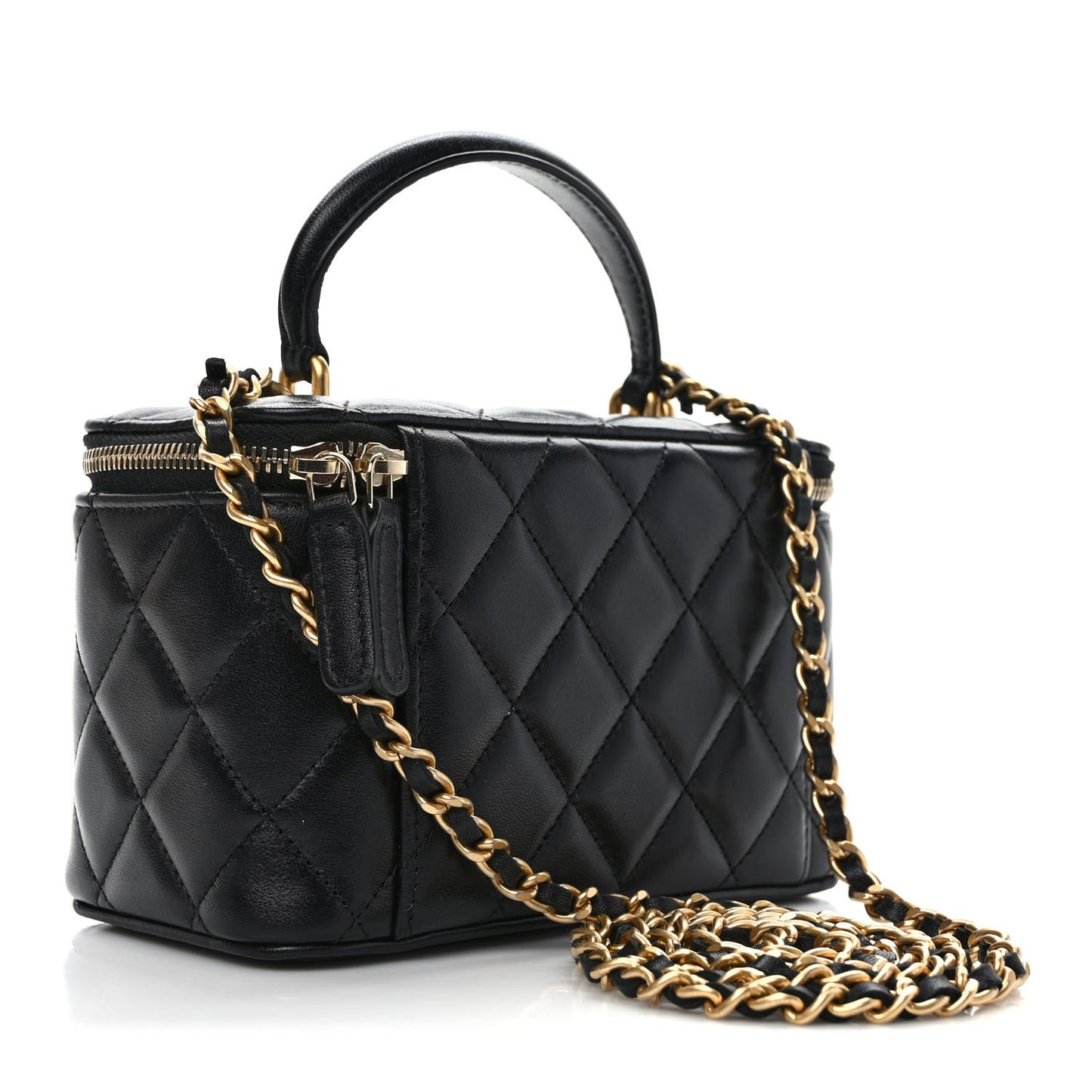 Lambskin Quilted Small Top Handle Vanity Case With Chain Black